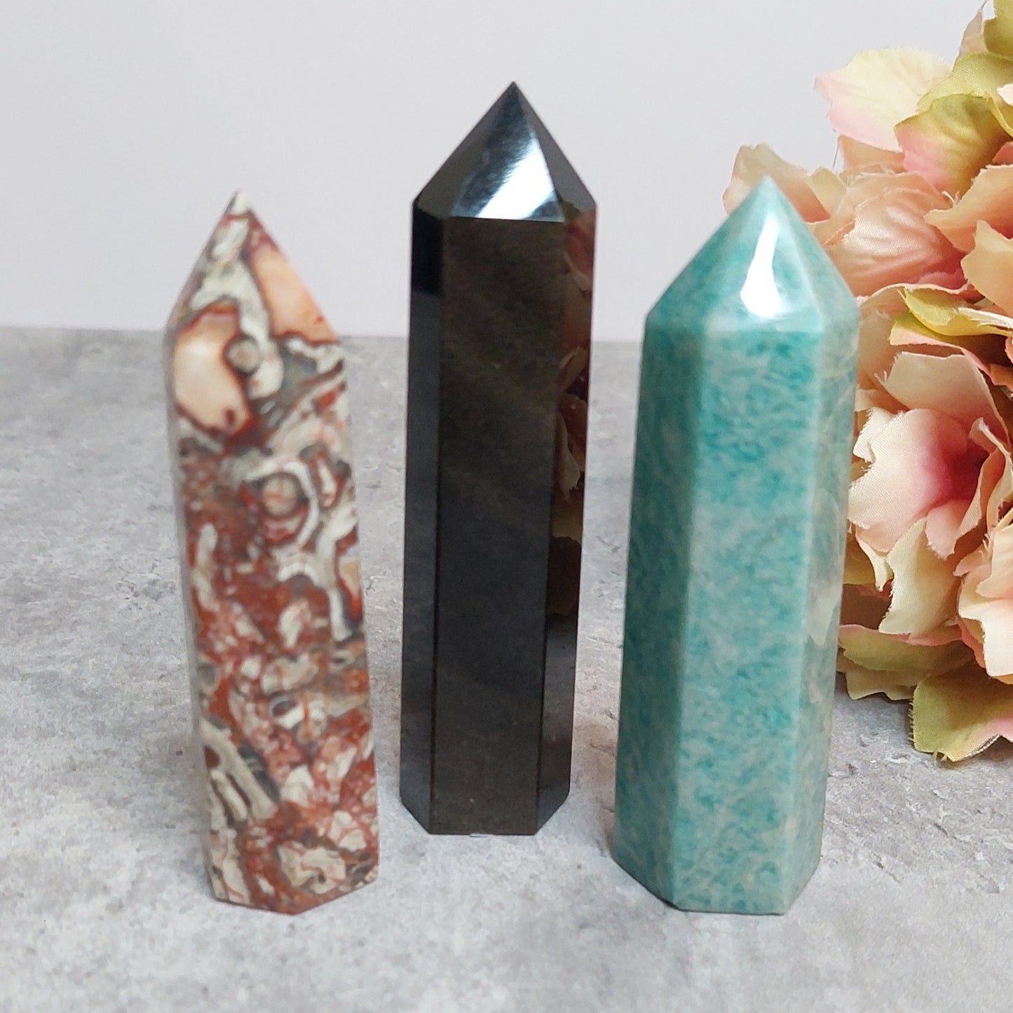 Tornisetti 8cm: Kultaobsidiaani, amazoniitti, raha-akaatti
