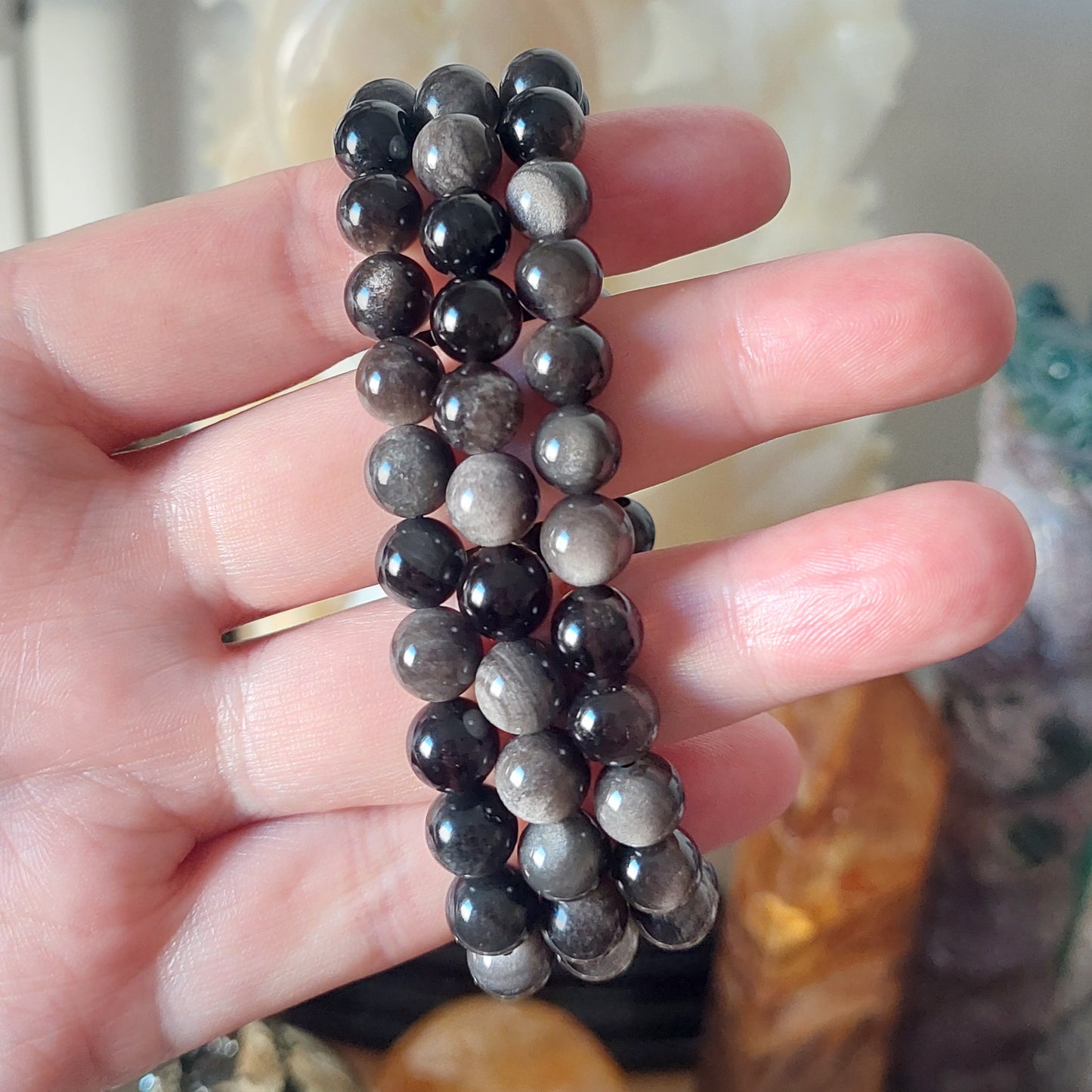Rannekoru 8mm silver shean obsidian