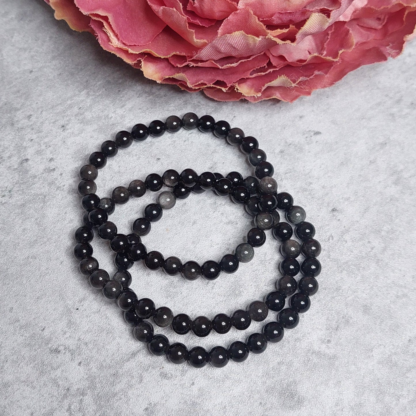 Rannekoru 6mm hopea obsidiaani
