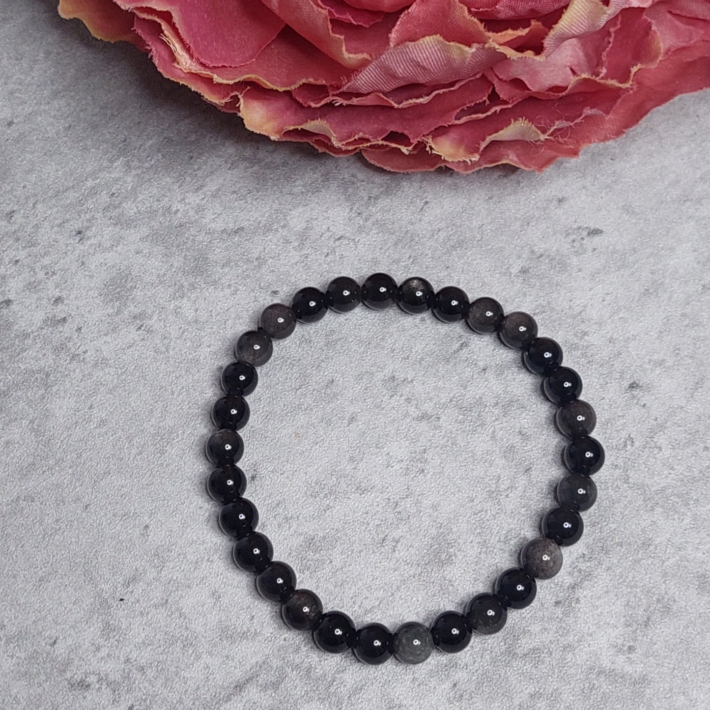 Rannekoru 6mm hopea obsidiaani
