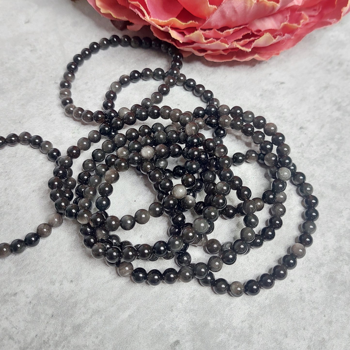 Rannekoru 6mm hopea obsidiaani
