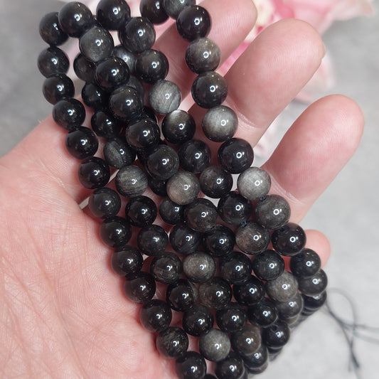 Helmiä 8mm, Silver obsidiaani 38cm nauha