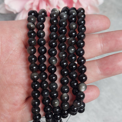 Helmiä 6mm, silver shean obsidian 38cm nauha