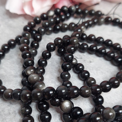 Helmiä 6mm, silver shean obsidian 38cm nauha
