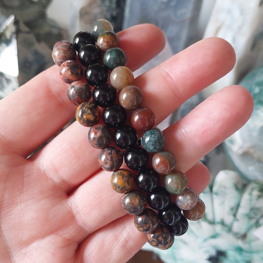 Rannekorusetti 2: obsidiaani, leopardijaspis, sammalakaatti