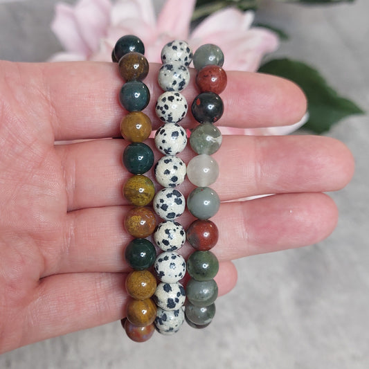 Rannekorusetti 7: african blood stone, valtamerijaspis ja dalmatian jaspis