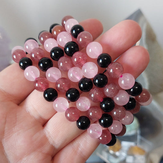Rannekoru 8mm ruusu/mansikka/obsidiaani