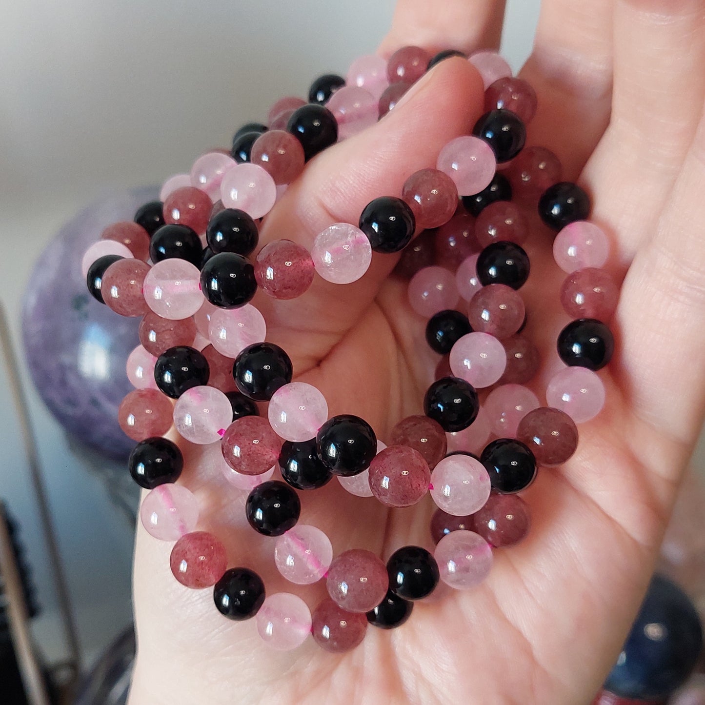 Rannekoru 8mm ruusu/mansikka/obsidiaani