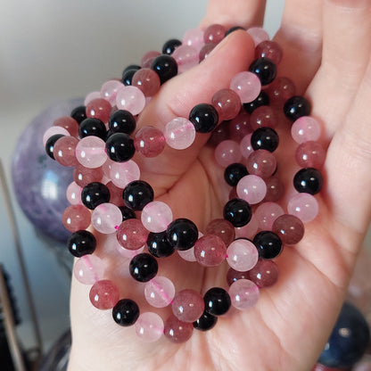 Rannekoru 8mm ruusu/mansikka/obsidiaani