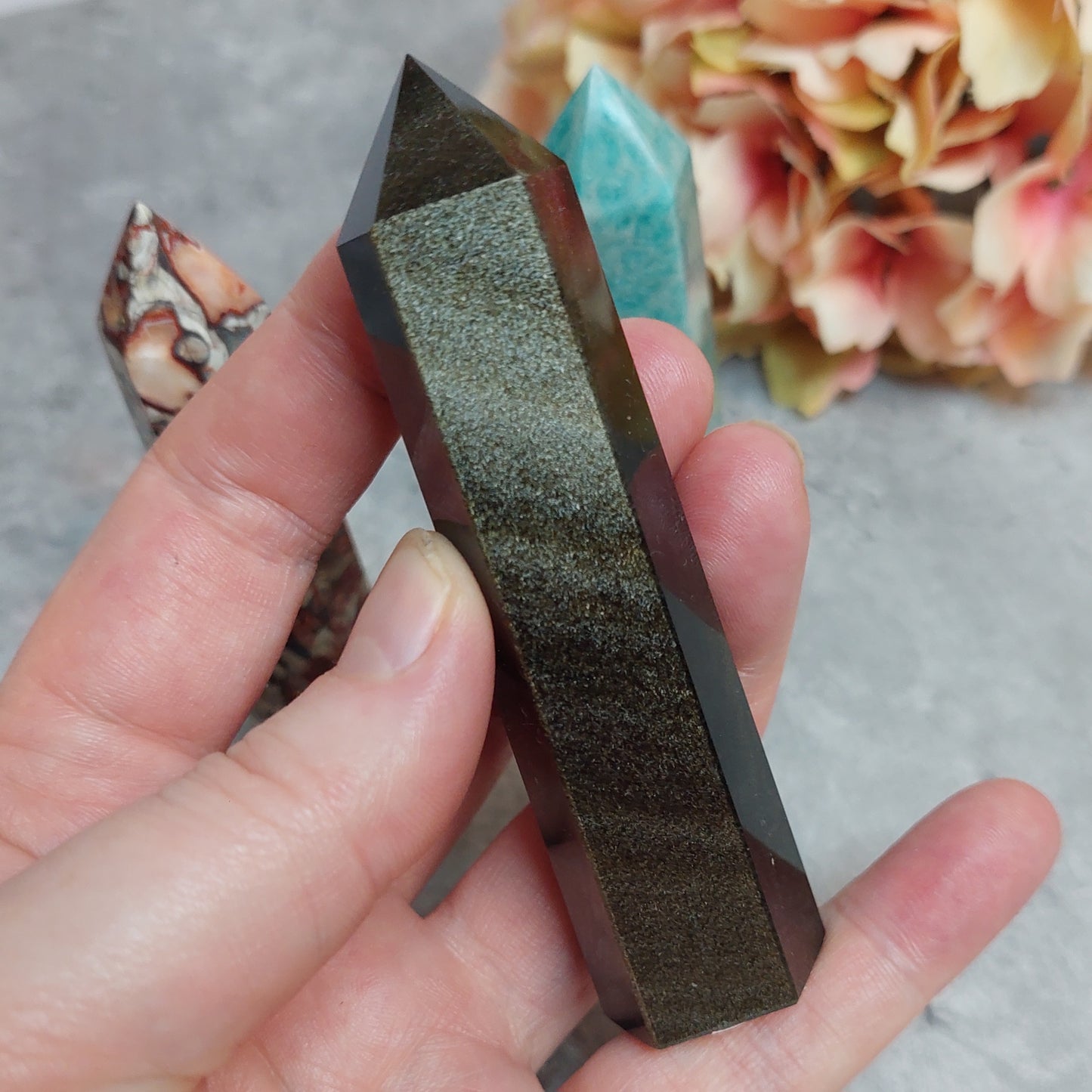Tornisetti 8cm: Kultaobsidiaani, amazoniitti, raha-akaatti
