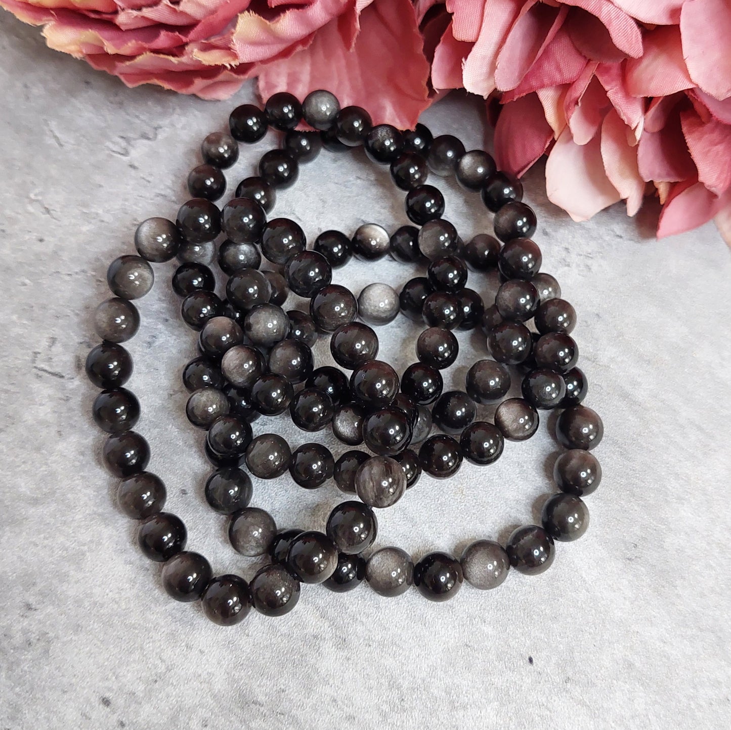 Rannekoru 8mm silver shean obsidian